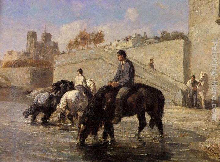 Jules Jacques Veyrassat Chevaux s'Abreuvant dans la Seine Derriere Notre Dame